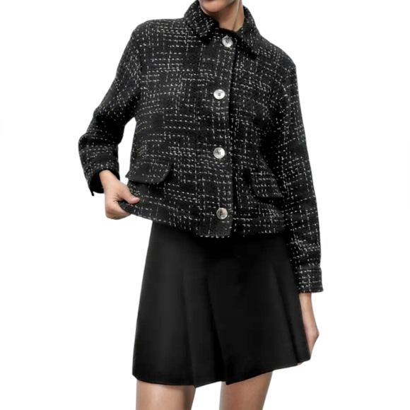 Zara Structured Tweed Black Jacket Silver Metal Buttons - Picture 2 of 16